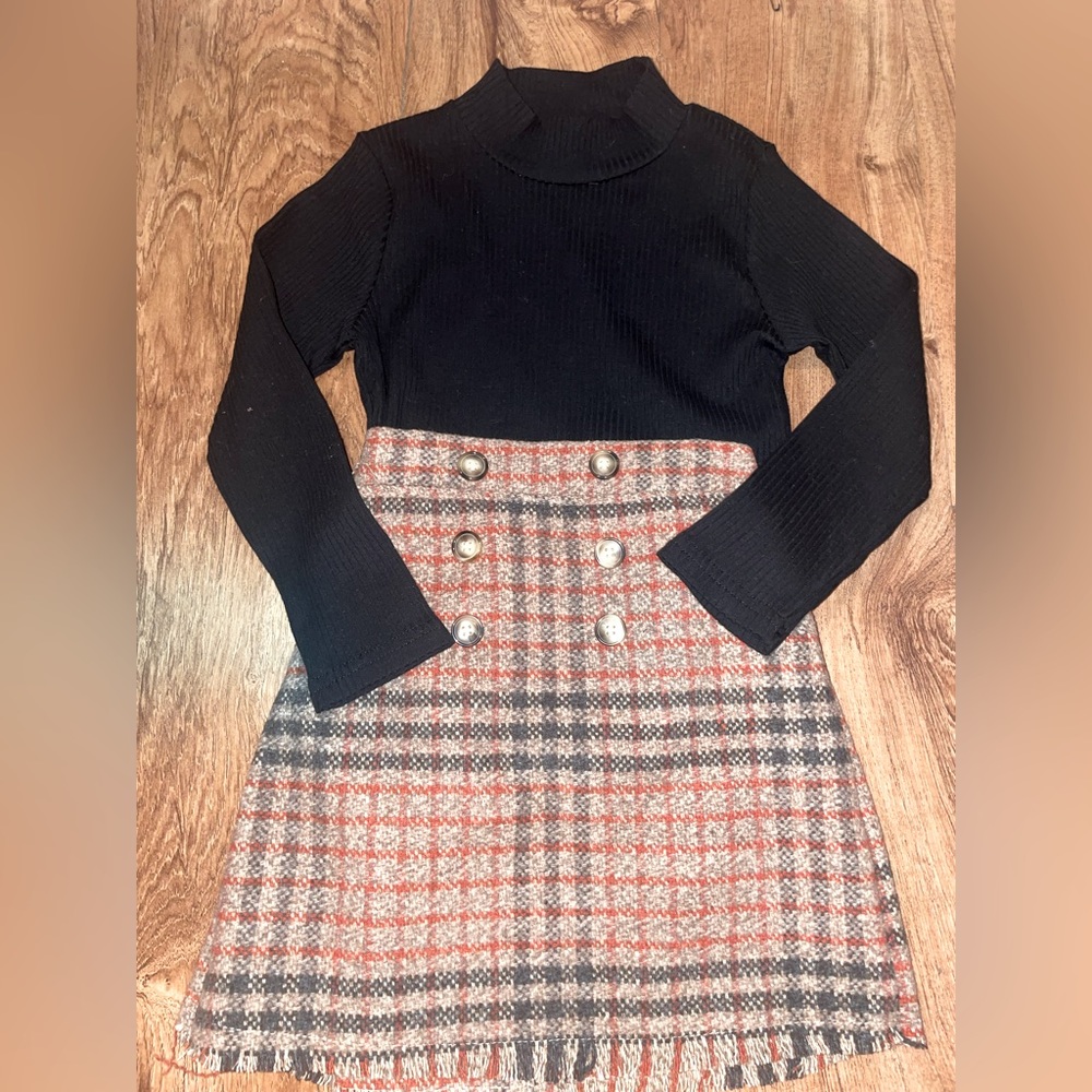 SHEIN Toddler Mock neck Ribbed Knit Top & Plaid Skirt (Sz 120/5-6)